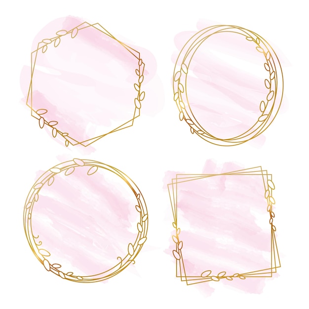 Vector golden frame with leaves and pink watercolor spots