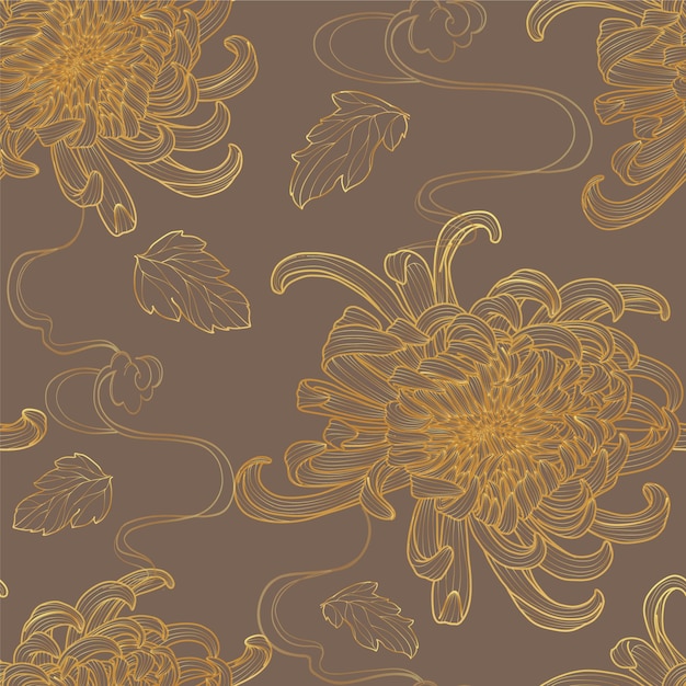 Vector golden line art floral chrysanthemum seamless pattern collection