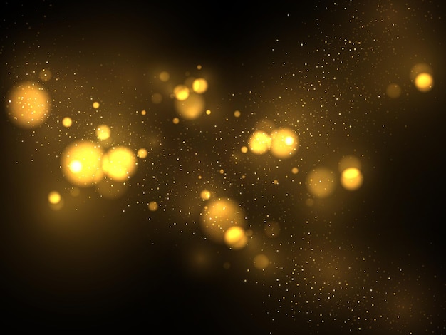 Particelle d'oro vettoriali. il bokeh giallo d'ardore circonda il fondo di lusso dell'oro astratto.