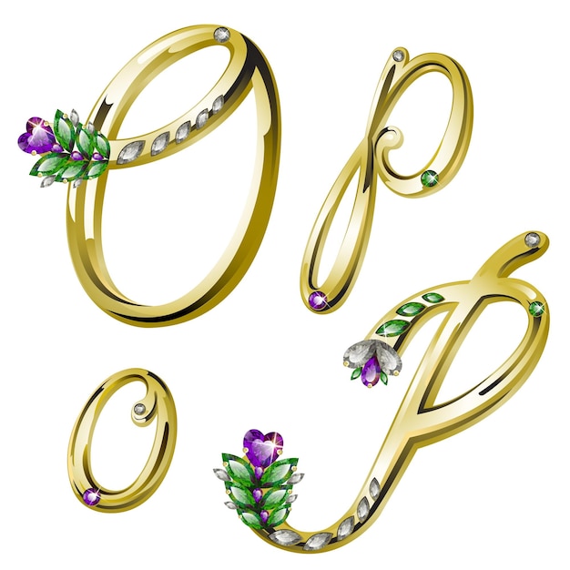 Vector goud glanzend bloemen alfabet met diamanten en edelstenen letters OP