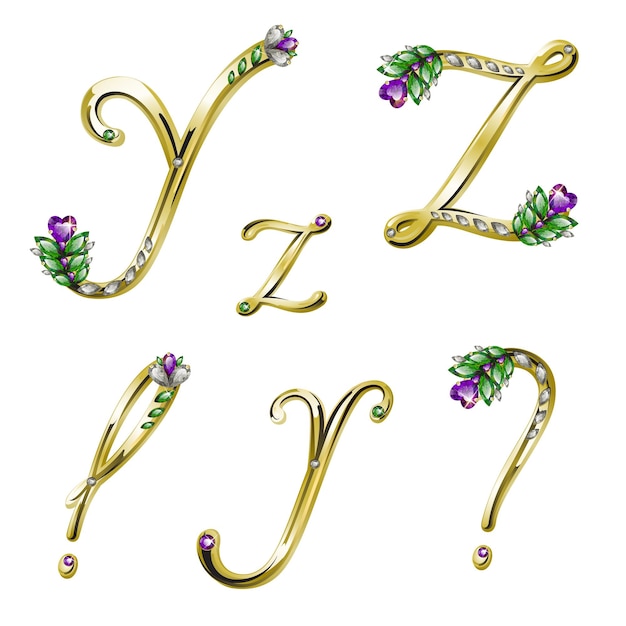 Vector vector goud glanzend bloemen alfabet met diamanten en edelstenen letters yz en tekens