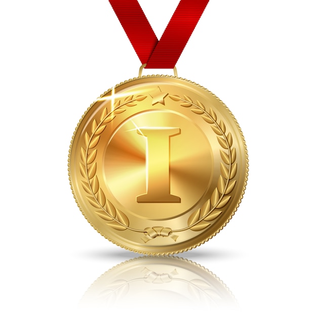 Vector Gouden eerste plaats medaille met rood lint, geïsoleerd op wit met reflectie. vector