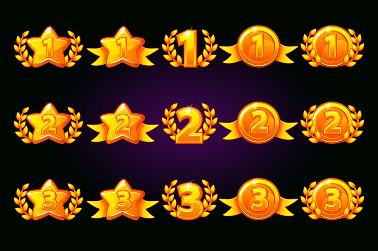 Vector Gouden geplaatste beloningenpictogrammen. 1e, 2e, 3e plaats verschillende variatie. Lauwerkrans van overwinning en gouden ster of spel, ui, banner, app, interface, slots, spelontwikkeling. Pictogrammen op een aparte laag
