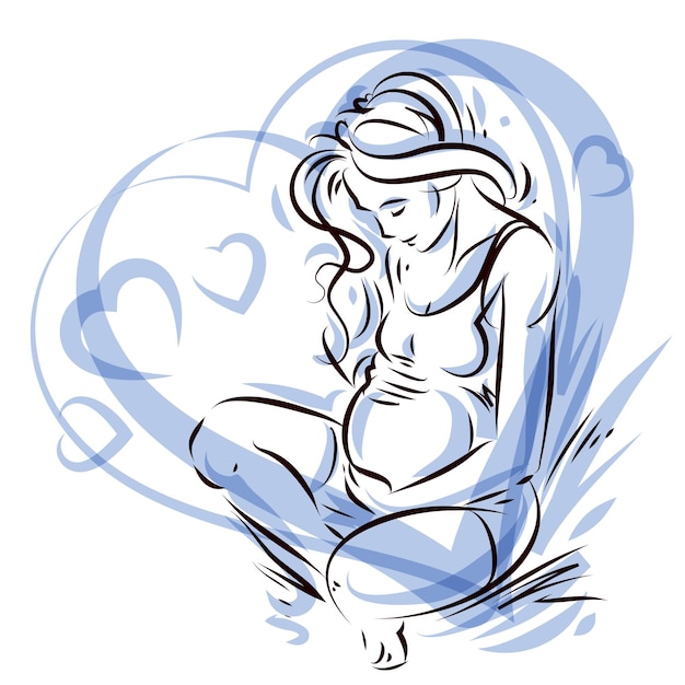 Vector vector graceful composition of pregnant woman body outline surrounded by heart shape frame. mother day.