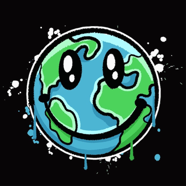 ストリートウェアのイラストのための手描きの微笑みの地球のデザイン