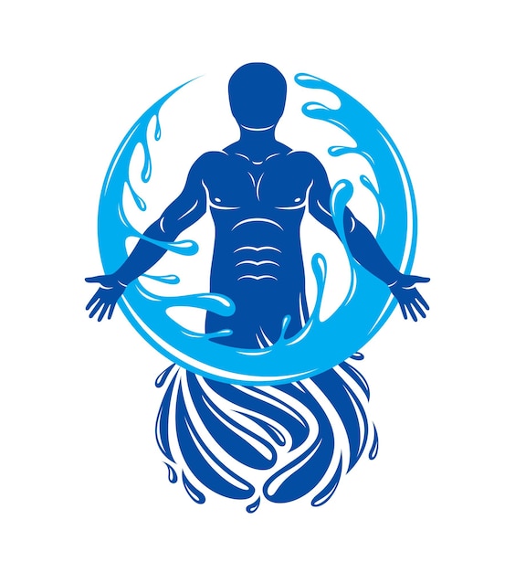 Vector grafische illustratie van sterke man, lichaam silhouet omgeven door een waterbal. Leven in harmonie met de natuur.