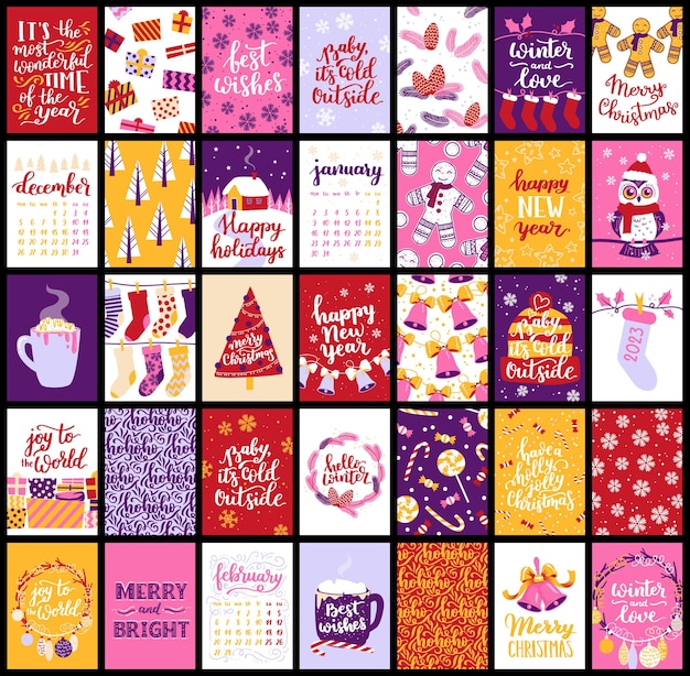 Vector grand collection of Christmas poster templates New year 2023 set of christmas greeting cards Bright colors presents and hand written lettering for your invitation and design