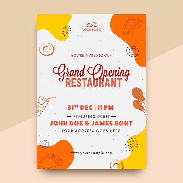 Vector grand opening invitation o flyer design con dettagli evento per ristorante