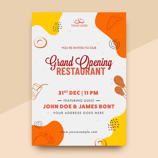 Вектор торжественное открытие приглашения или дизайн флаера с деталями события для ресторана