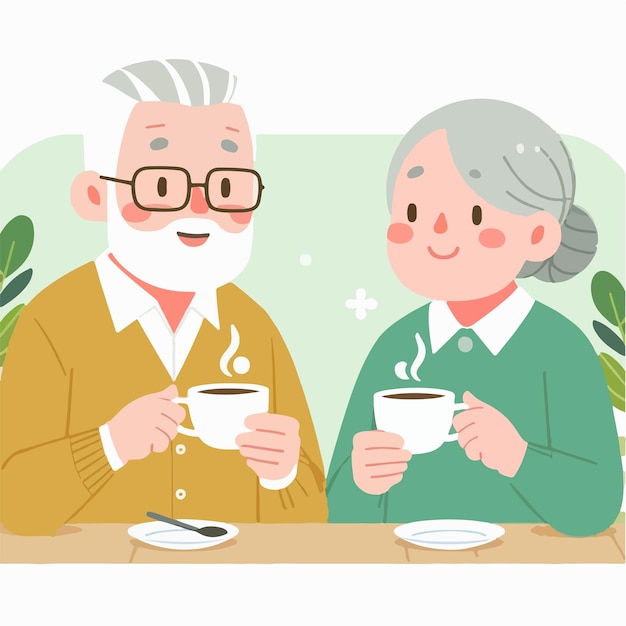 할아버지와 할머니가 함께 앉아서 평평한 디자인 스타일로 커피를 마시는 터