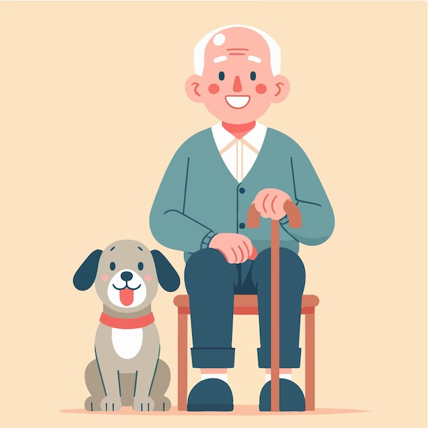 Vector grandfather is happy with his dog
