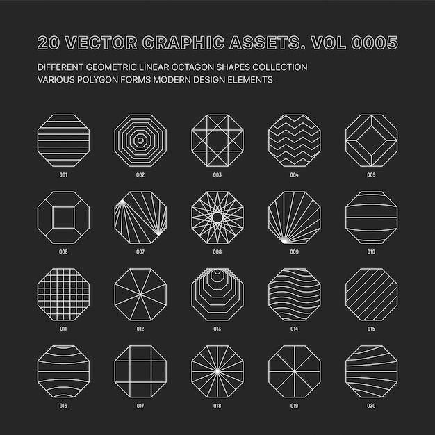 Vettore risorse grafiche vettoriali vari ottagoni geometrici di contorno impostati isolati sul retro