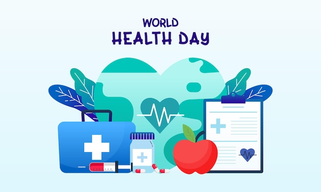 Vector graphic celebrating World Health Day including medical supplies Concept