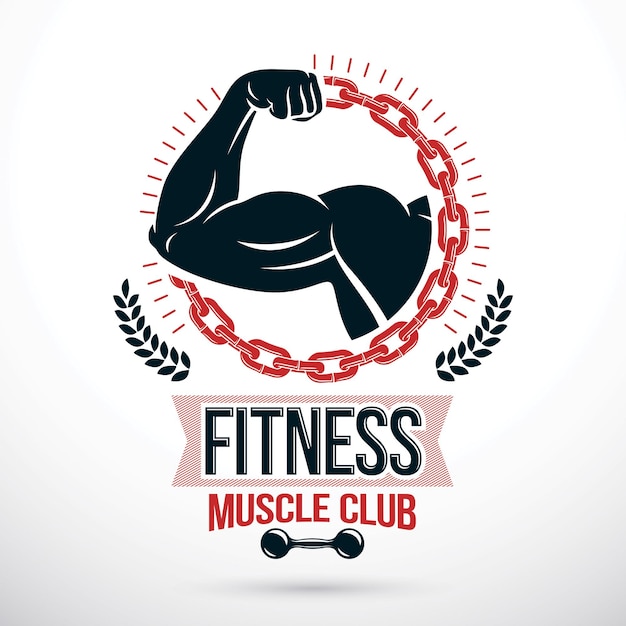 Vector graphic composition created as strong muscular arm of athlete placed in a round iron chain frame. Bodybuilding championship symbol