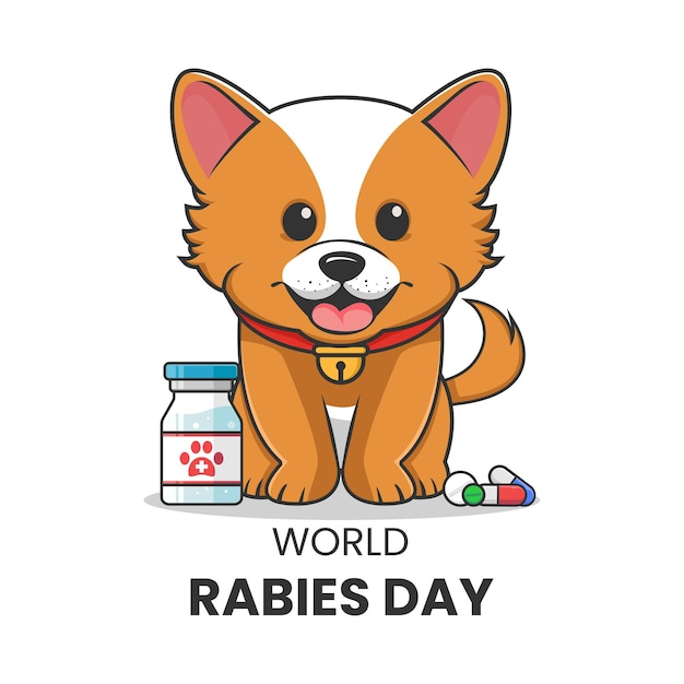 세계 광견병의 날에 좋은 백신 병 알약과 캡슐을 들고 있는 귀여운 강아지의 벡터 그래픽