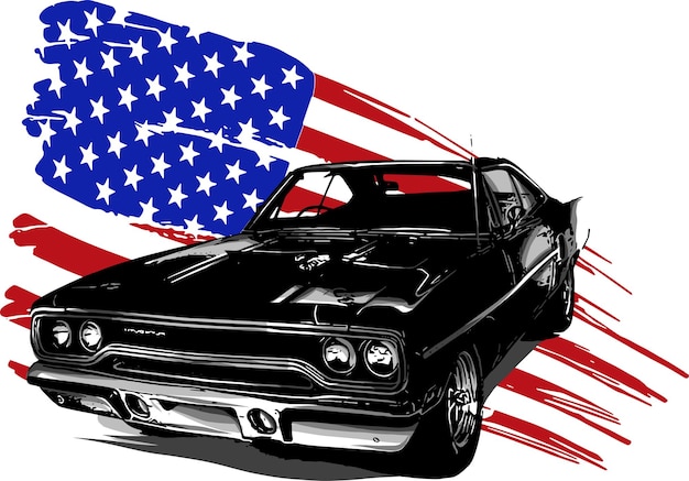 Vector vector graphic design illustration of an american muscle car with stars and stripes flag