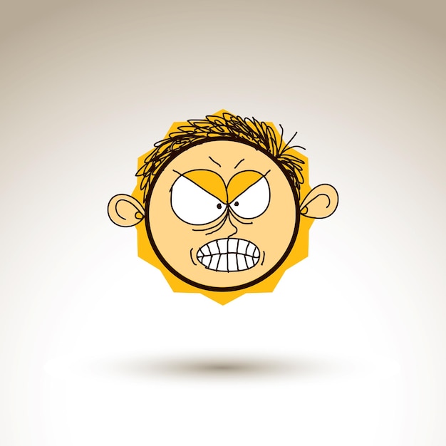 Vector graphic drawing of personality face, furious male portrait. Social network theme illustration, human emotions idea.