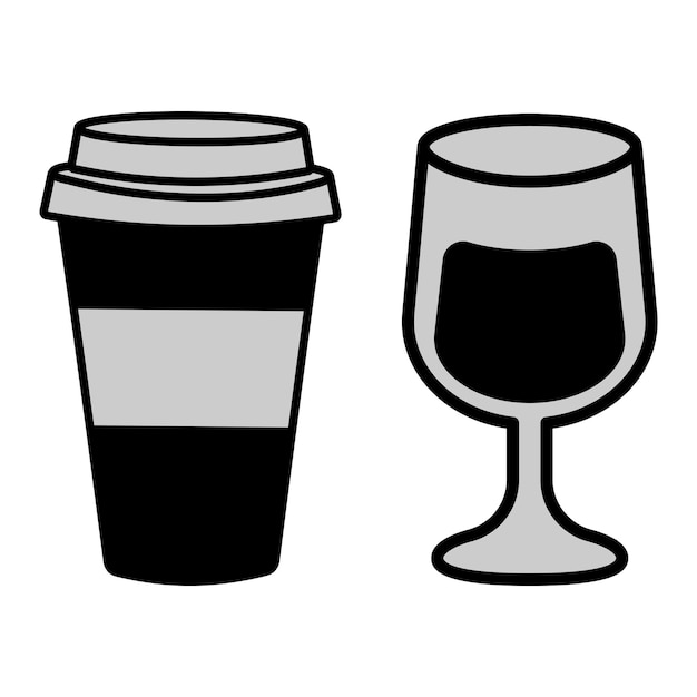 Vector graphic illustration of a black and white coffee cup and a glass of wine