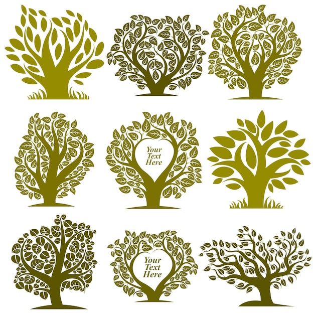 Illustrazione grafica vettoriale di alberi verdi con spazio di copia vuoto per il testo. collezione di elementi singoli eco botanici isolati su sfondo bianco.