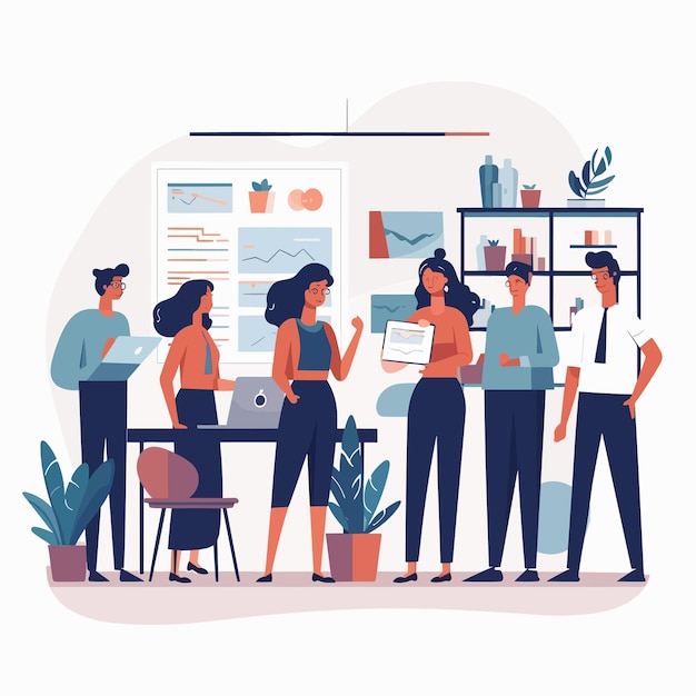 Vector graphic illustration of a group of people in a discussion at office