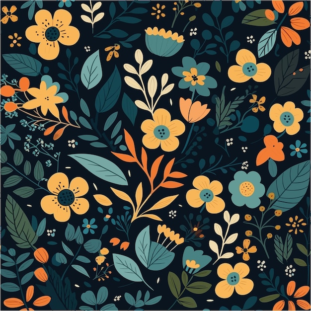 Vector graphic illustration of seamless floral pattern with a blue background and orange flowers