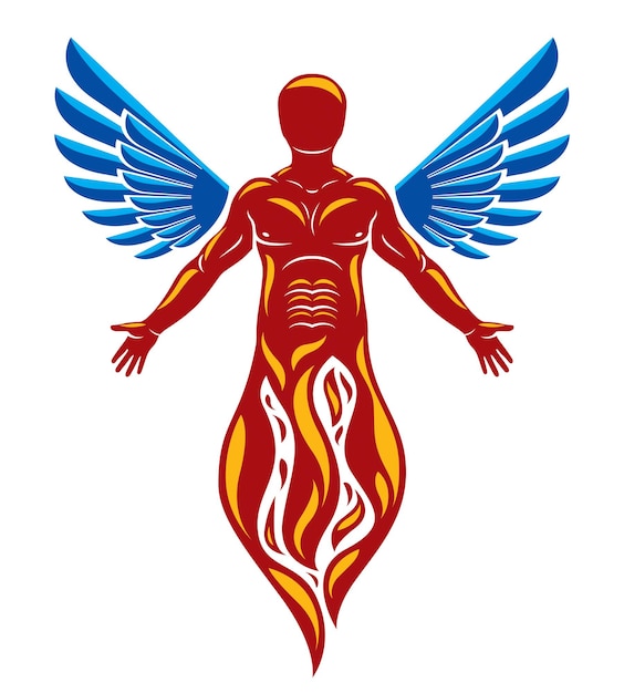 Vector vector graphic illustration of strong male, body silhouette created with bird wings. reborn from flame idea.