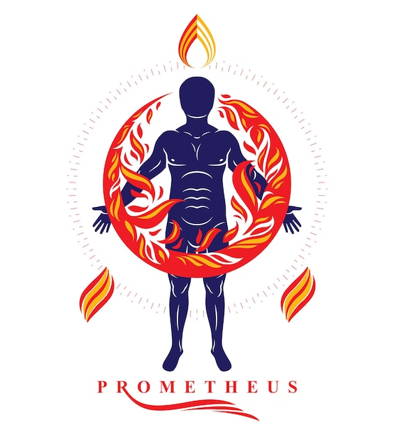 Vector vector graphic illustration of strong male, body silhouette standing. fire person as bunch of the powerful energy covered with a fireball.