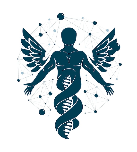 Illustrazione grafica vettoriale di un maschio forte raffigurato come continuazione di filamenti di dna e creato con connessioni wireframe e ali di uccelli. concetto di ingegneria biomedica.