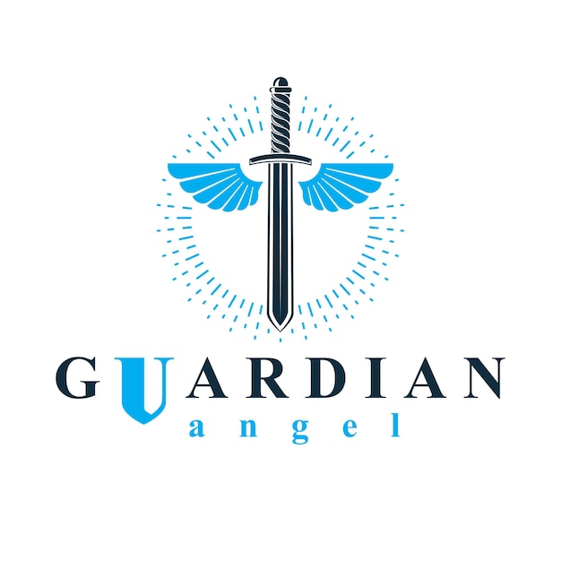 Vector graphic illustration of sword composed with bird wings, war and freedom metaphor symbol. Guardian angel vector abstract emblem.