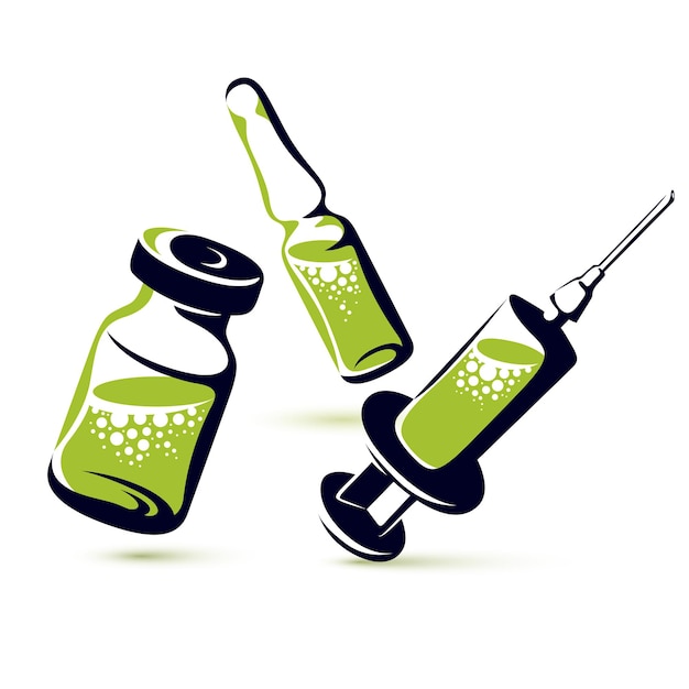 Vector vector graphic illustration of vial, ampoule with medicine and medical syringe for injections. scheduled vaccination theme.