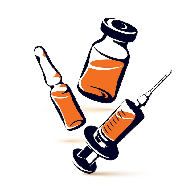 Vector vector graphic illustration of vial, ampoule with medicine and medical syringe for injections. scheduled vaccination theme.