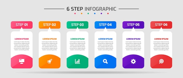 Grafica vettoriale di modelli di progettazione di elementi infografici con icone e 6 passaggi