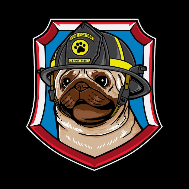 Vector graphic logo design of pug dog cartoon with vintage retro fire fighter style