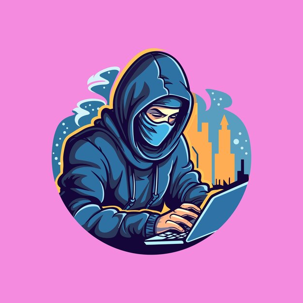 Vector vector graphic of man wearing mask working on laptop