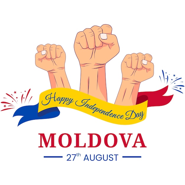 Vector graphic of Moldova Independence Day for greeting card with clenched fist fireworks and ribbon