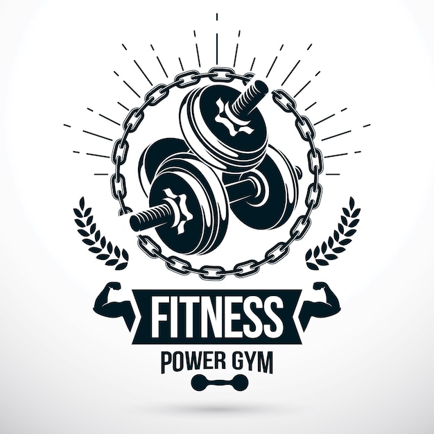 Vector graphic sign composed using weight disc dumbbell and muscular arms of bodybuilder. Weight-lifting gym conceptual symbol