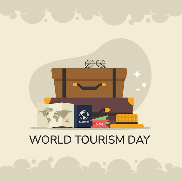 Vector graphic of a suitcase with a map and a passport good for Flat world tourism day