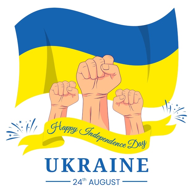 Vector graphic of ukraine independence day for greeting card with clenched fist fireworks and ribbon