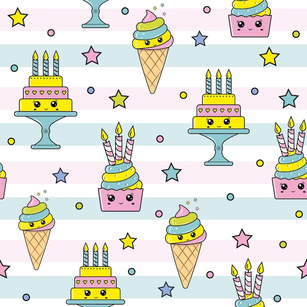 Vector graphic of the various sweets and desserts decorated into seamless pattern