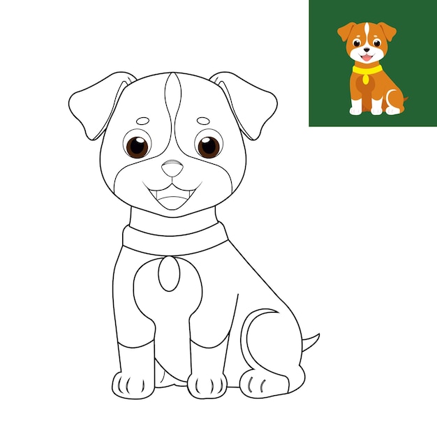 Vector graphics children's coloring book with a cute puppy with an example of coloring