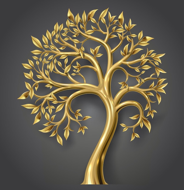 Vector graphics. Golden decorative fairy tree with leaves. Transparent shadow