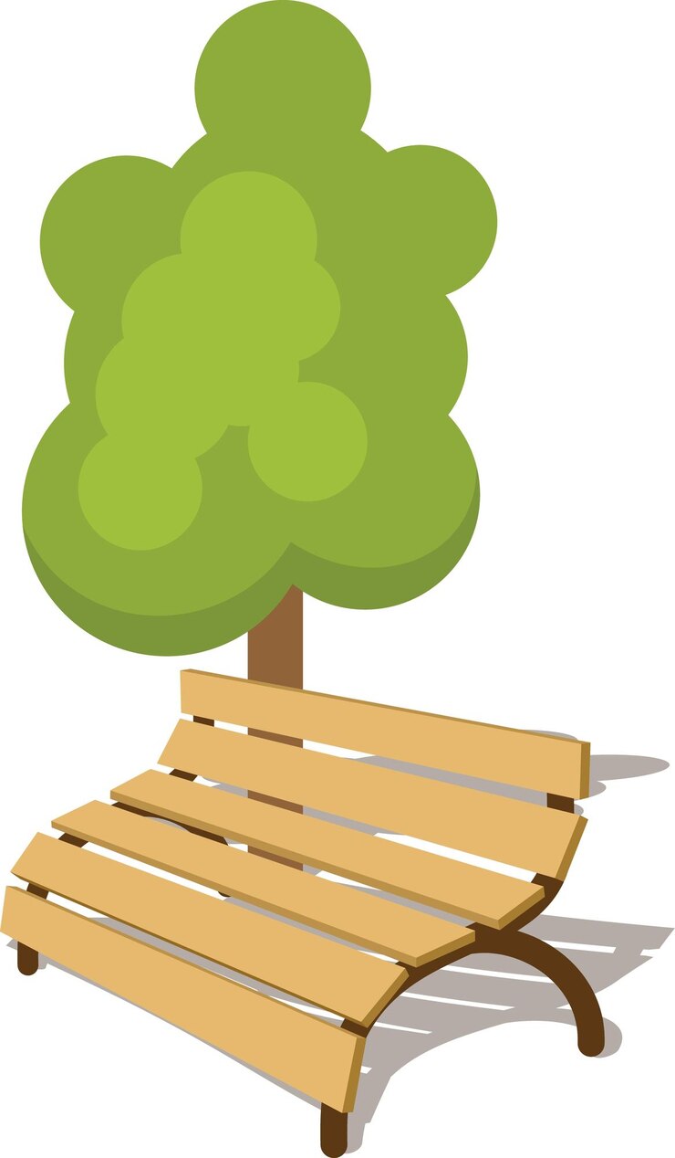 Vector vector graphics of a wooden bench under the green tree isolated on transparent background