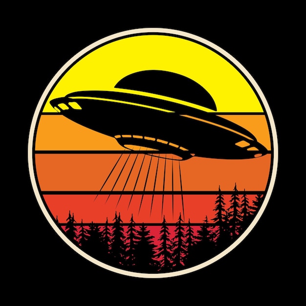 Vector grappig retro zonsondergang vintage ufo buitenaards t-shirtontwerp