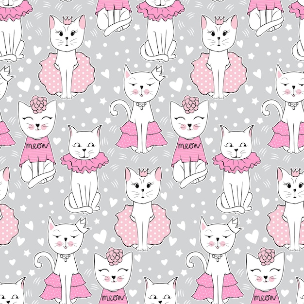 Vector grappige kat naadloze patroon. Leuk katje hand getekende illustratie. Stijlvolle tekenfilm dieren achtergrond. Ideaal voor stof, behang, inpakpapier, textiel, beddengoed, t-shirt print.