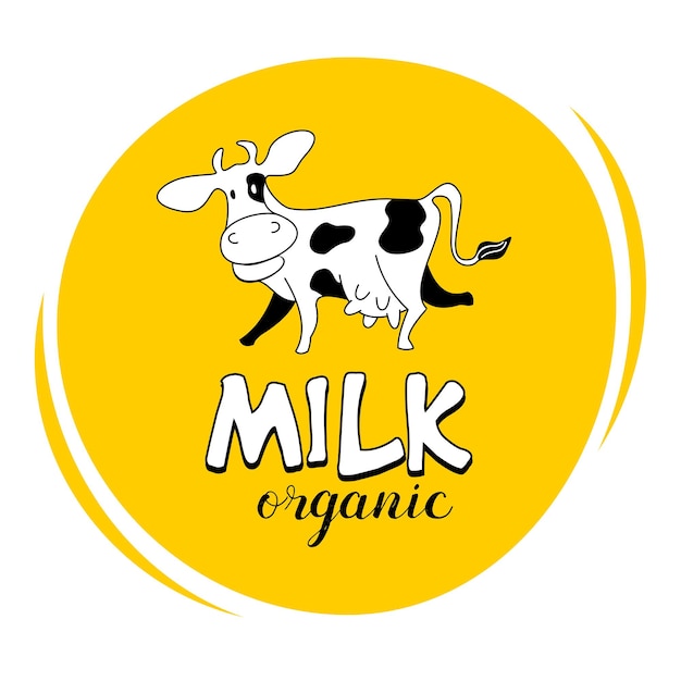 Vector grappige koe. embleem biologische melk.