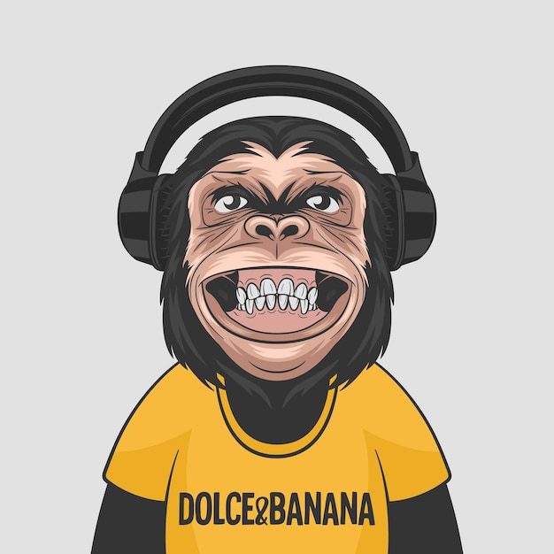Vector grappige lachende chimpansee aap met koptelefoon gelukkig aap voor Wall Art tshirt print poster cartoon schattig chimpansee aap