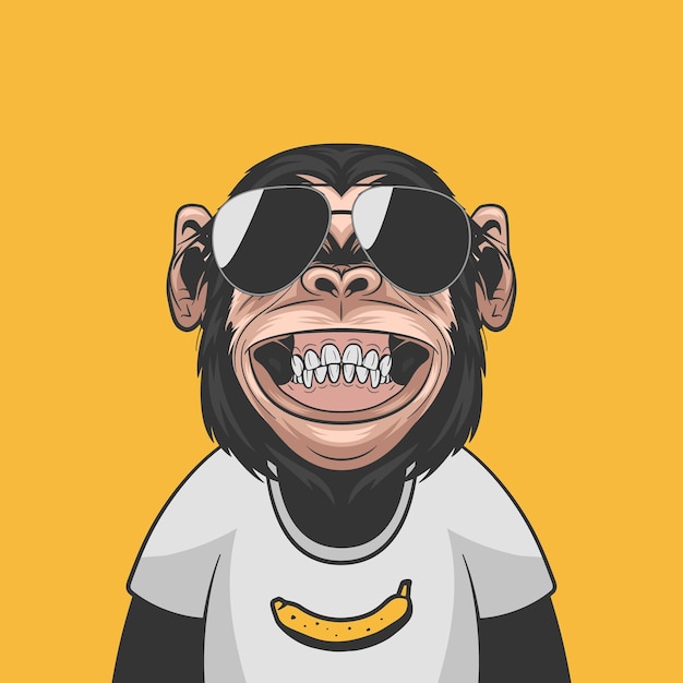 Vector grappige lachende chimpansee aap met zonnebril en banaan op zijn tshirt op gele achtergrond Happy Monkey voor Wall Art tshirt print poster cartoon schattige chimpansee aap