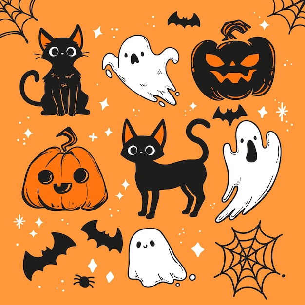 벡터 무료 할로윈 gato negro fantasmas calabazas murcilagos