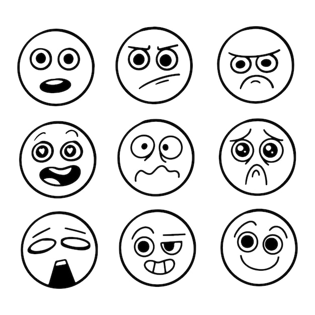 Vector gratuito conjunto de emoticonos de contorno negro aislado sobre fondo blanco (백색 바닥에 고립된 흑인 경계 에모티코노 의 무료 터)