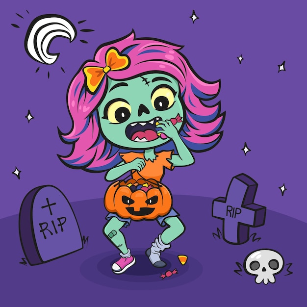 Vector gratuito de personaje zombie chica en halloween caminando por cementerio de noche